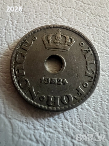 Стара норвежка монета с отвор 10 йоре 1924 г. – Кралство Норвегия, снимка 2 - Нумизматика и бонистика - 55163935
