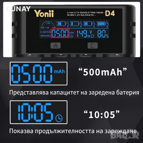 Yonii D4 Смарт Зарядно за Батерии 18650 21700 26650 AA AAA Li-ion Ni-MH Тестер Капацитет Бързо 2A, снимка 6 - Друга електроника - 55041148