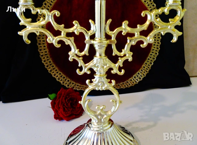 Позлатен калаен свещник тройка,троен свещник,печат. , снимка 2 - Антикварни и старинни предмети - 54973840