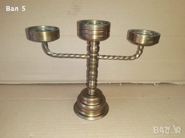 Стар тежък масивен троен бронзов свещник
