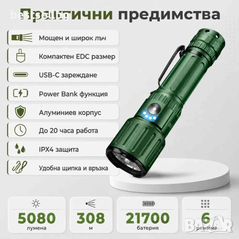 Мощен тактически акумулаторен фенер YEMAO 5080 лумена 3x KX50 LED USB-C Power Bank един бутон, снимка 4 - Къмпинг осветление - 55154537