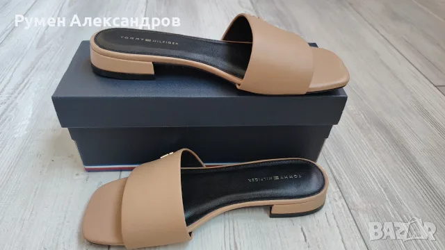 Нови бежови дамски кожени чехли TOMMY HILFIGER FLAT SANDAL EUR38, снимка 2 - Чехли - 55647304