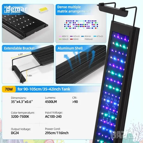 LED осветление 72 W за морски аквариум 89–107 см с контролер и таймер, за риби и коралови системи, снимка 4 - Оборудване за аквариуми - 55492978