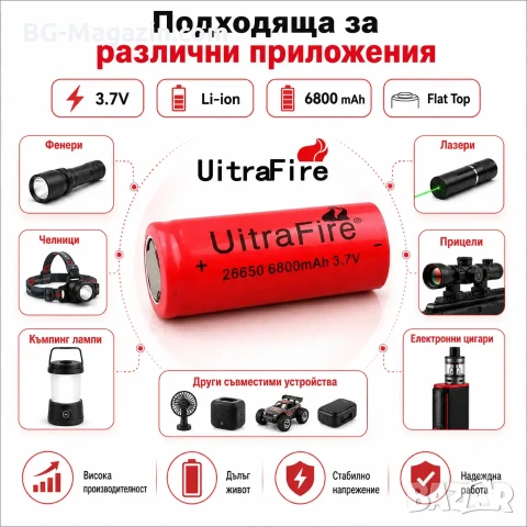 Презареждаща се акумулаторна батерия 26650 3.7V литиевойонна 6800mAh за фенр прожектор челник, снимка 3 - Друга електроника - 51102983