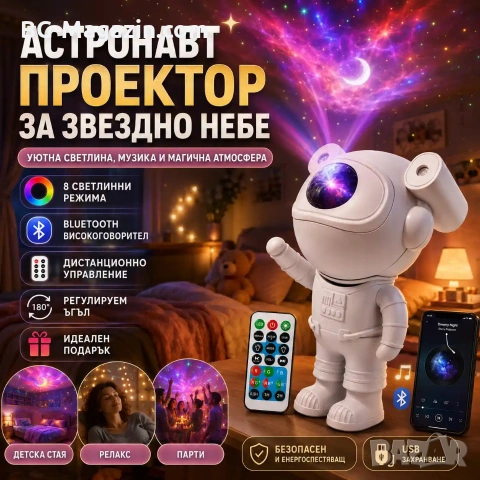 Лазерен звезден проектор Астронавт звездно небе нощна лампа с Bluetooth прожектирана на тавана деца