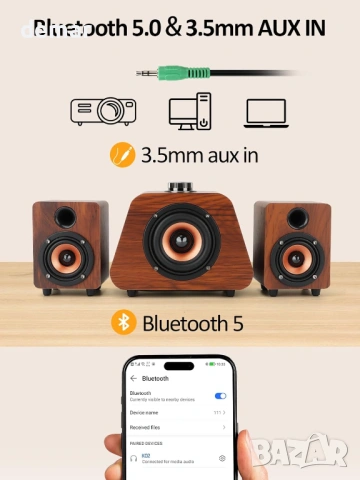 Компютърни високоговорители със субуфер 2.1, USB захранване, Bluetooth 5.0 и RCA вход (K02), снимка 5 - Тонколони - 54341934