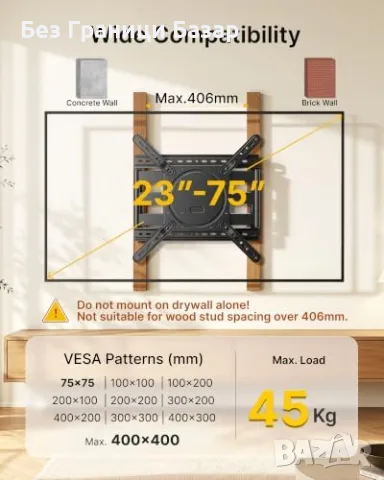 Нова Ултратънка ТВ стойка за стена телевизор 23-75 инча, VESA 400x400, до 45 кг, снимка 5 - Други стоки за дома - 55413375