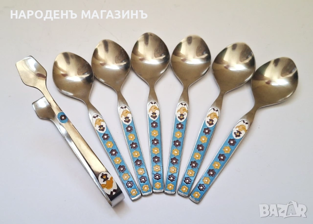 СССР - РЯДЪК детски комплект 6 лъжички за чай с емайлирани дръжки и щипка сервиз дете , снимка 6 - Други ценни предмети - 54305301