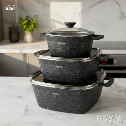 Комплект тенджери – Cheffinger от 3 части с мраморно покритие и капаци + подарък 2 ръкавици