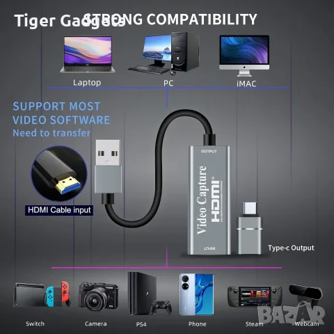USB 3.0 HDMI Capture Card HU-02, 4K вход, 1080P@30Hz видео запис и стрийминг, снимка 2 - Кабели и адаптери - 55593858