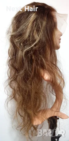 Естествена чуплива перука от бразилска коса 70-75 см - Lace Front 13x4, кафява с руси кичури
