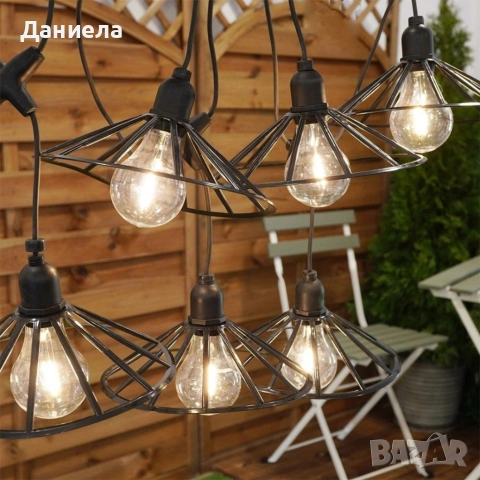 Градинска гирлянда 5.5 м с 6 декоративни LED крушки и метални абажури - Таймер, IP44, за балкон, снимка 5 - Лед осветление - 54802226