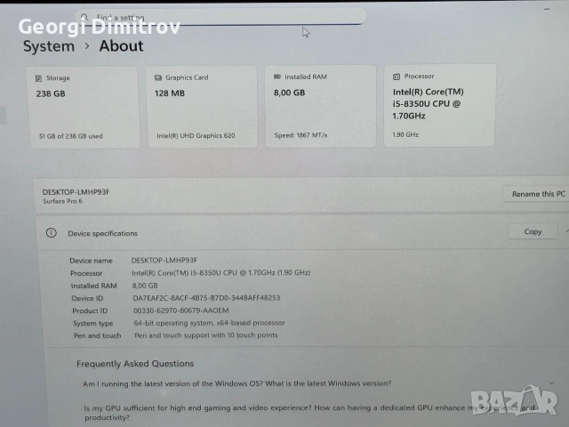 Microsoft Surface Pro 6 i5-8350U/8RAM/256SSD/Intel UHD Graphics/QHD Touch, снимка 2 - Лаптопи за работа - 54984448