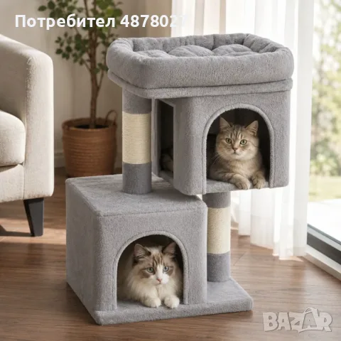 Голяма катерушка за котки 67 см с легло - 2 къщички, драскалки от сизал и 3 нива, снимка 6 - За котки - 55470868