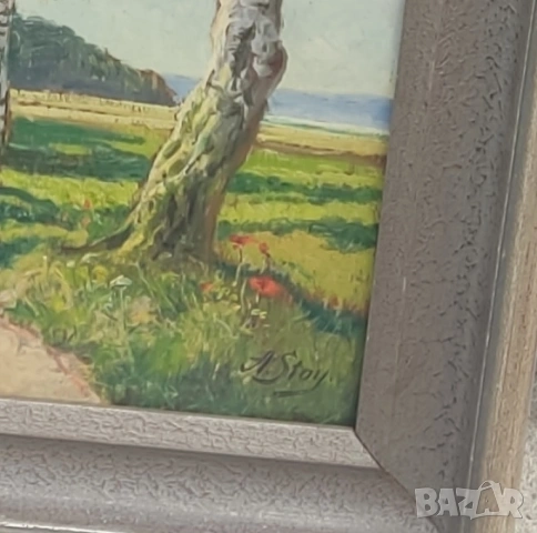 Големи стари картини масло планински пейзаж, езеро, брези-подписани, снимка 6 - Други ценни предмети - 54060095