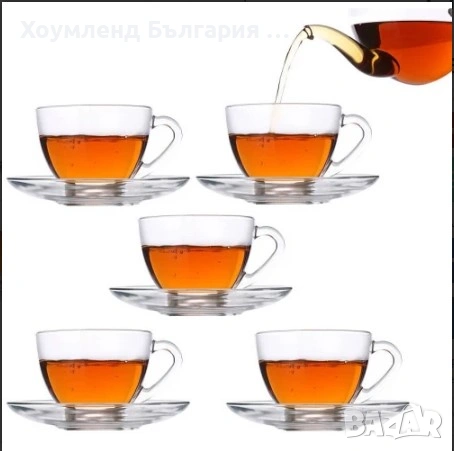 Стъклени чаши с чинийки - сервиз за кафе и чай 6+6