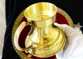 Месингов свещник с дръжка,позлата,етикет., снимка 3