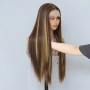 80 см Кестенява синтетична перука с руси кичури и дантела 13×4, снимка 5