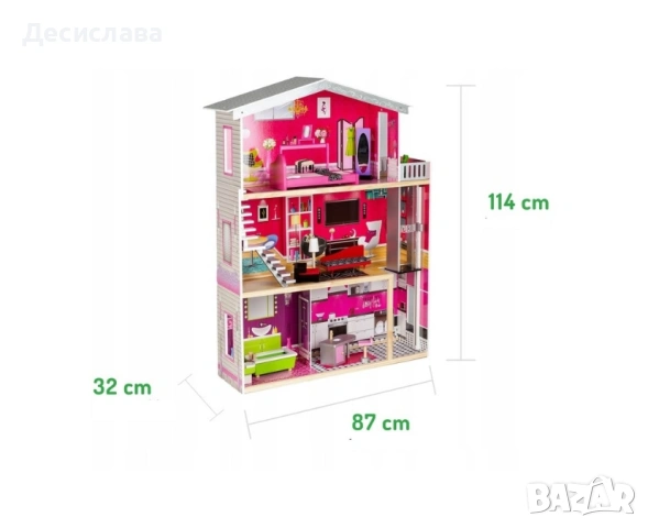 Дървена къща за кукли на 3 етажа с асансьор и мебели, снимка 2 - Кукли - 55249105