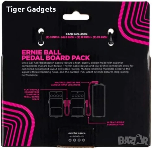 Ernie Ball Flat Ribbon Patch Cable Multi-Pack (P06224) – комплект 10 плоски patch кабела за pedalboa, снимка 2 - Други - 54490924