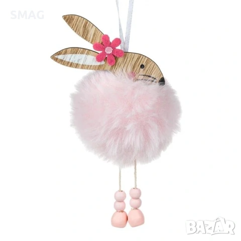 Великденска висяща дървена декорация – пухкаво розово зайче и маргаритка, 14 см._1233686