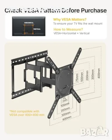 Нова Ултратънка ТВ стойка за стена телевизор 23-75 инча, VESA 400x400, до 45 кг, снимка 9 - Други стоки за дома - 55413375