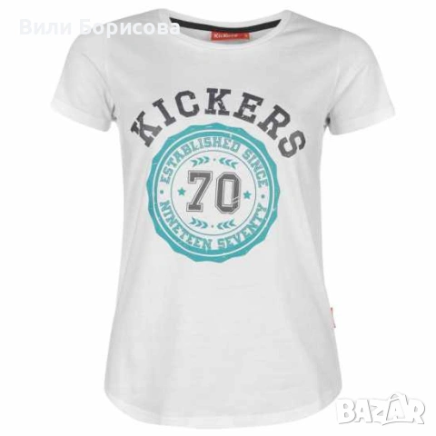 Бяла дамска тениска kickers със свеж принт и капси Ори