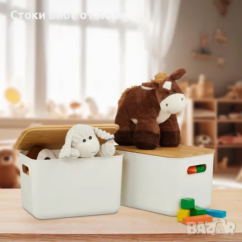 Комплект 2 кутии за съхранение с капак, пластмаса и бамбук Relaxdays , снимка 3 - Кутии за съхранение - 55382101