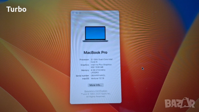 13.3 MacBook Pro 2017 Retina Core i5-7360U/8GB/256GB SSD/Two Thunderbolt 3/Touchbar, снимка 6 - Лаптопи за дома - 54420513