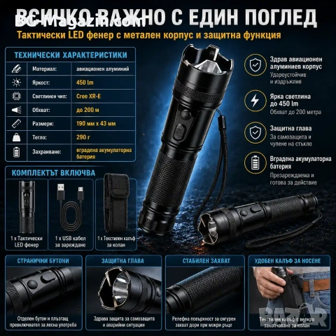 Мощен тактически електрошок кучегон за самоотбрана от кучета нападение хора LED фенер акумулаторен, снимка 6 - Екипировка - 53032357