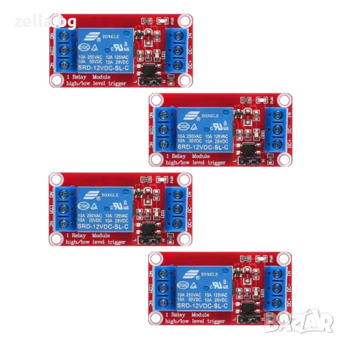 Комплект 4 броя релеен модул 1 канал 5V/12V с оптрон NC/NO High/Low Trigger 10A – за Arduino 10447, снимка 10 - Друга електроника - 54703180