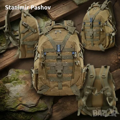 Военна тактическа раница 55L – водоустойчива, с MOLLE система и отделение за лаптоп, пясъчна, снимка 4 - Екипировка - 55506556
