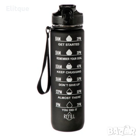 Черна мотивираща бутилка за вода 1L с почасова скала – пий вода навреме, снимка 6 - Други стоки за дома - 54216042
