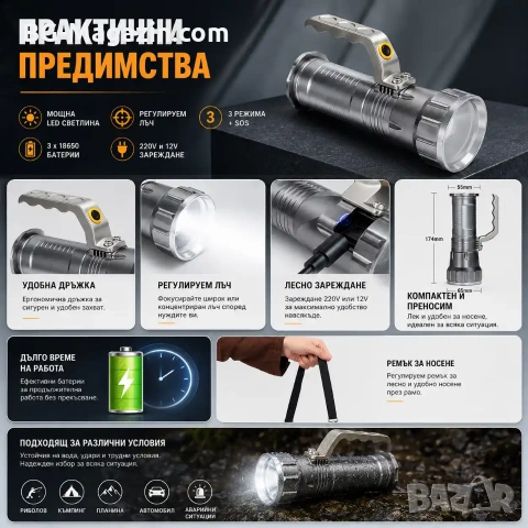 Професионален мощен акумулаторен ръчен прожектор LED фенер 3 батерии 18650 за лов риболов къмпинг, снимка 4 - Къмпинг осветление - 51027579