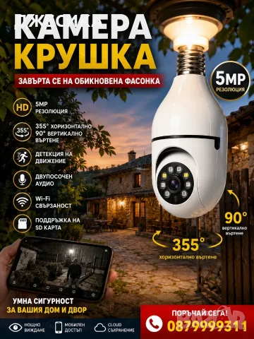 Куполна камера Full HD 360° Крушка Camera скрита фасонка лед, снимка 4 - HD камери - 55539656