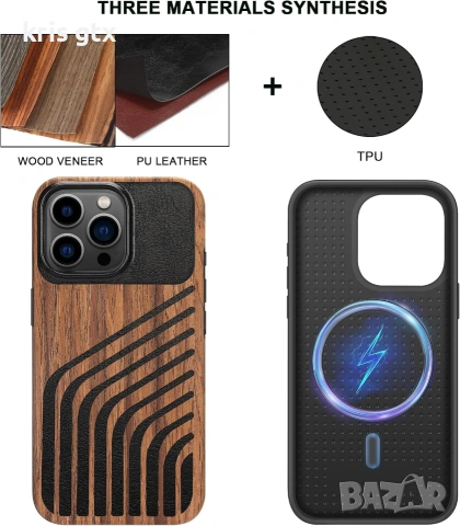Магнитен калъф, съвместим с iPhone 15 Pro Case Wood Grain дизайн дървесна и кожена текстура MagSafe, снимка 5 - Apple iPhone - 55073958