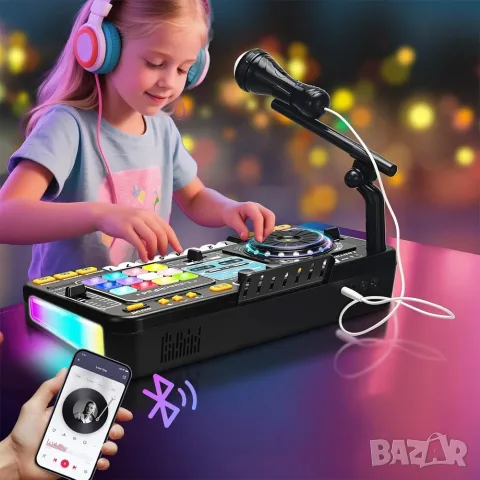 DJ миксиращ пулт с Bluetooth и микрофон на стойка 🎤, снимка 3 - Музикални играчки - 55664471