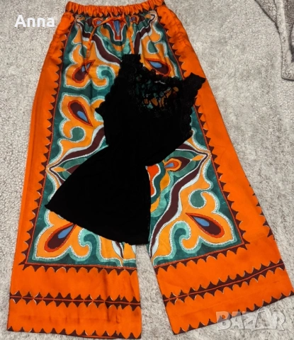 Набор🔥. Леки копринени панталони от Zara, женствен топ с дантелен гръб🌸👌