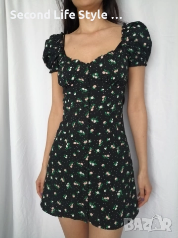 H&M дамска къса рокля с буфан ръкави, копчета отпред и принт цветя и точки р-р S (EU 36)