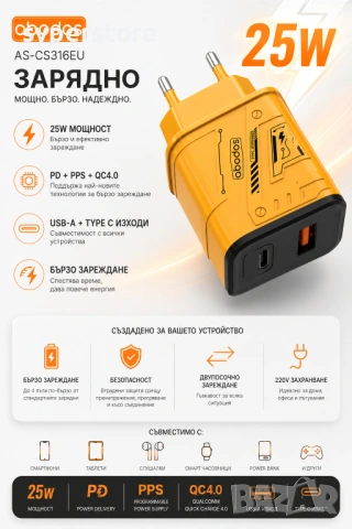 Зарядно за телефон 220v abodos AS-CS316EU, 25W, PD + PPS + QC4.0, USB-A + Type C изходи, снимка 3 - Оригинални зарядни - 54817724
