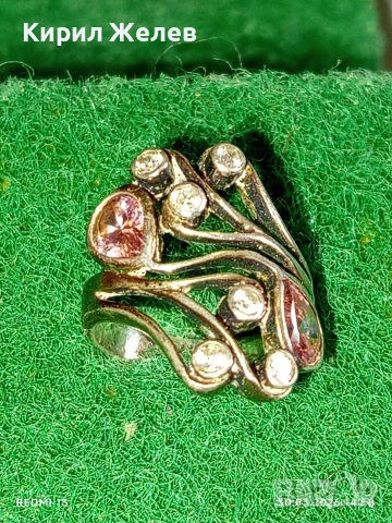 Артистичен сребърен пръстен инкрустиран с РОЗОВ КВАРЦ и кристали стил и елегантност 24937, снимка 2 - Пръстени - 54027162