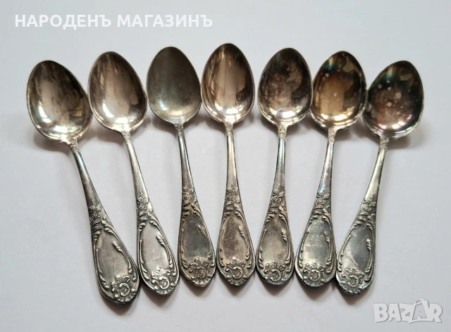СССР - Сервиз руски посребрени лъжички чай кафе 7 броя мелхиор сребро Луксозни , снимка 3 - Други ценни предмети - 53964601