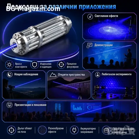 Мощен син акумулаторен лазер 5000mW пойнтер горящ палещ клечка кибрит балон с предпазни очила, снимка 7 - Друга електроника - 51040524