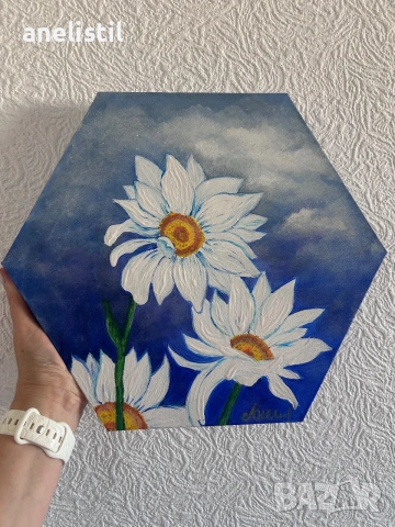 🌼 Ръчно рисувана картина „Маргарити“ – акрил върху платно (30 × 35 см)