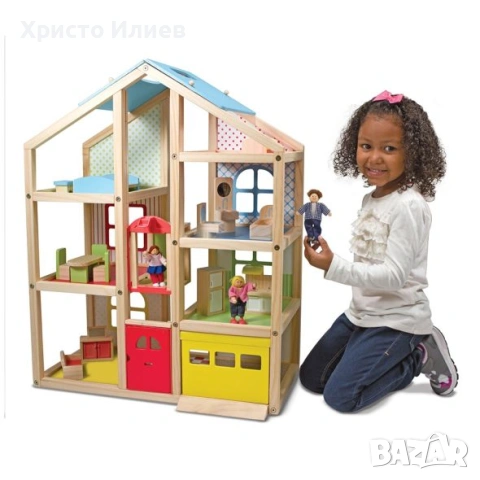 Дървена къща за кукли с обзавеждане и асансьор Melissa and Doug