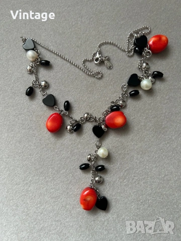 Луксозно уникално сребърно колие с естествени камъни корали, оникс и перли 