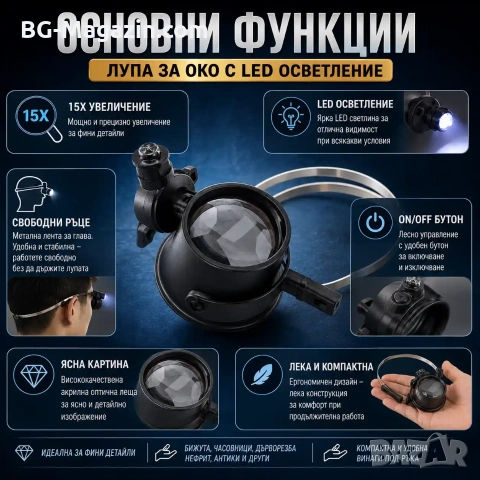 Професионална мощна увеличителна лупа глава за око с LED осветление часовникарска бижутерска лед, снимка 2 - Други инструменти - 50921213