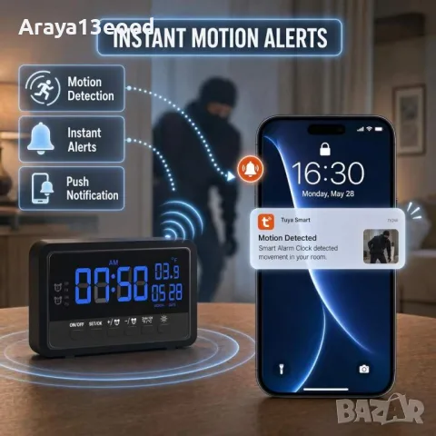 WiFi дигитален часовник със скрита камера 1080P – Tuya Smart, снимка 5 - Други - 55615436
