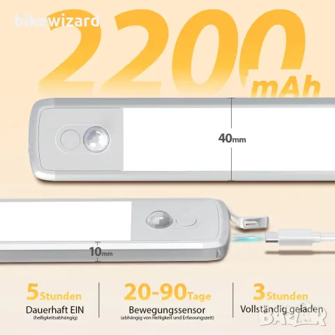 LED лампа за шкаф 30 см, сензор за движение, USB-C, димируема - 2 броя НОВИ, снимка 2 - Лед осветление - 55328162
