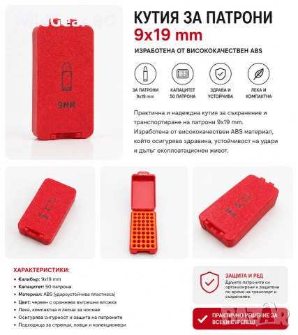 Кутия за патрони 9x19 mm | 50 броя | Здрава и компактна